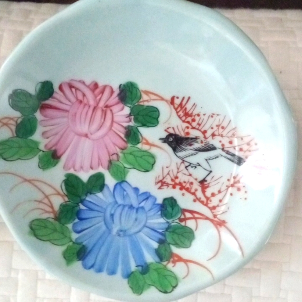 Vintage Chinese Hand Painted. Light Blue Pottery Glazed Set of 2 Pedestal Bowls.